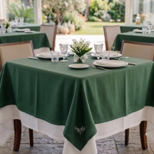 tovagliato per ristorante bicolore: bianco e verde bosco con ricamo